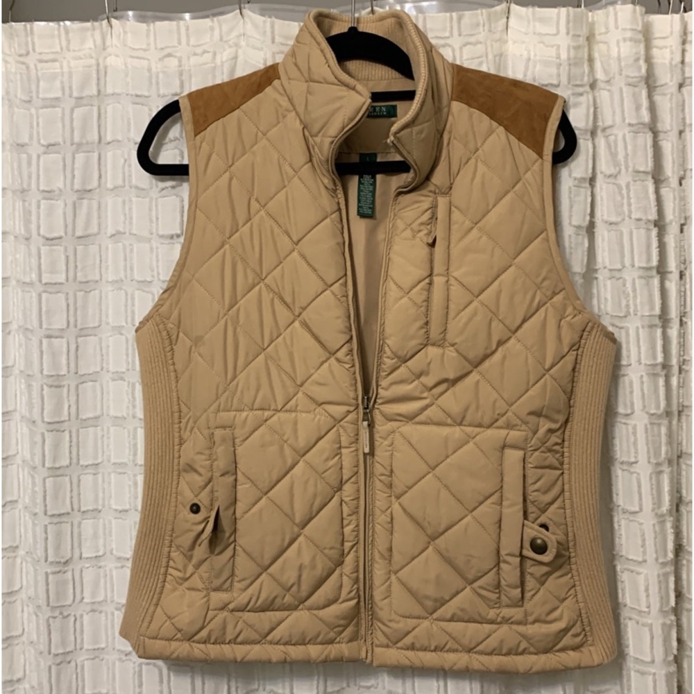 Lauren Ralph Lauren Quilted Beige Vest with Tan Shoulder Panels